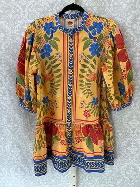 FARM Rio Yellow Floral Mini Dress with Blue and Red Accents